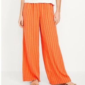 Old Navy High-Waisted Linen-Blend Super Wide-Leg Pants Orange Stripe L